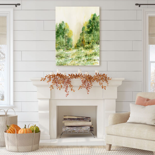 Canvas print of Larkspur above a cozy fall fireplace, styled with two large comfy chairs in a warm and inviting living space.