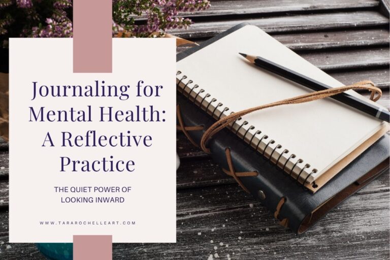 Cover image for blog post on journaling for mental health, featuring a blank journal and pencil beside lilacs on a rustic wood table