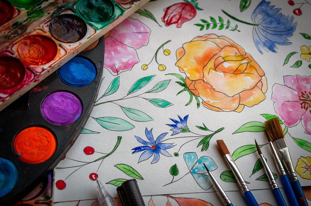 Art journaling floral illustration with watercolor palette and paintbrushes on paper. watercolor, brush, dye, art, table, artistic, drawing, artist accessories, watercolor paints, table artist, tassels, paints, artist draws, still life, desktop, artist's accessories