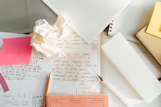 Art print business privacy policy linked to reflective blog writing with creative notes and paper drafts. A cluttered workspace with crumpled paper, notebooks, and pens depicting creative chaos.