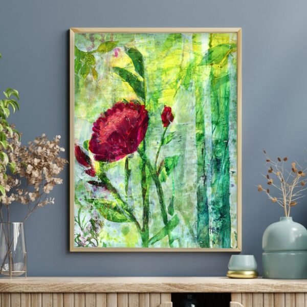 Canvas acrylic floral art print displayed on a simple wall as soft botanical home decor.