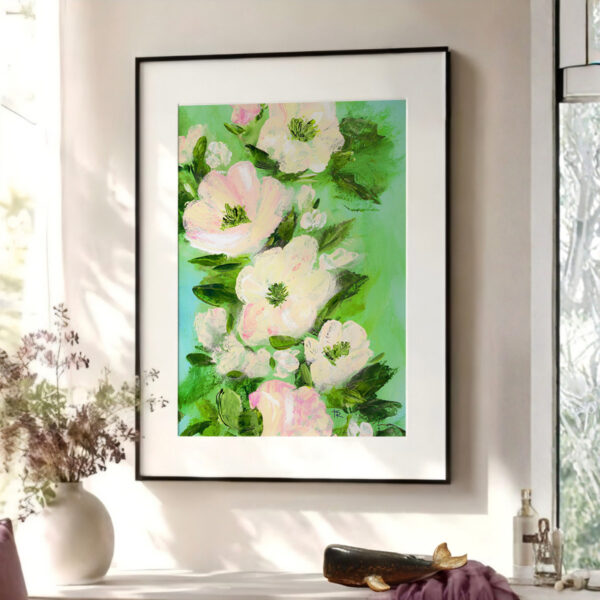 Framed acrylic floral art print displayed in a bright sunny living room with natural light.