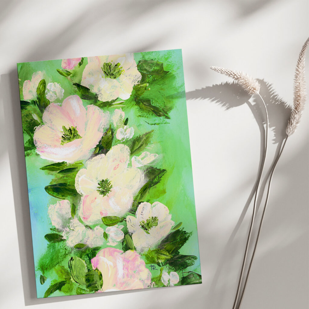 Unframed acrylic floral art print styled in a wooden bowl with neutral blooms and natural light.