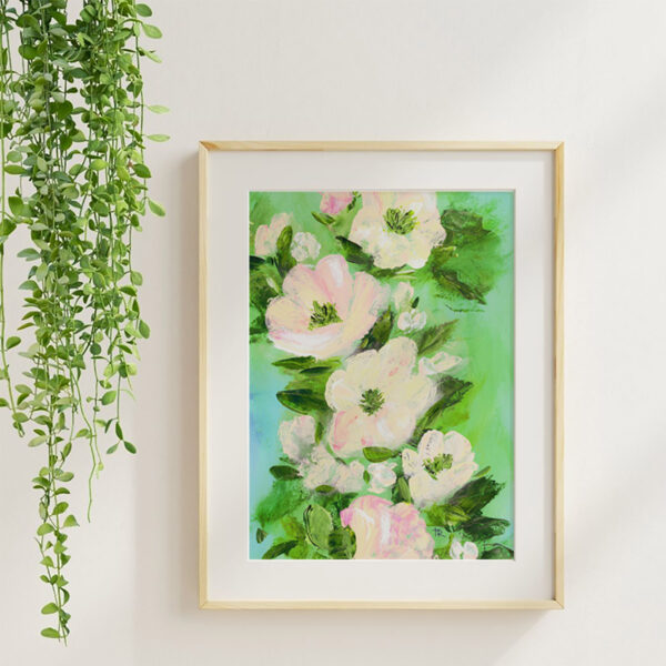Peach Blooms acrylic floral art print in a maple frame with soft neutral styling and greenery.