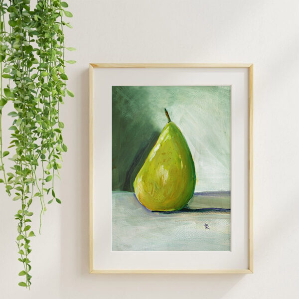 Pear 3, acrylic fruit art print in a maple frame with soft neutral styling and greenery.