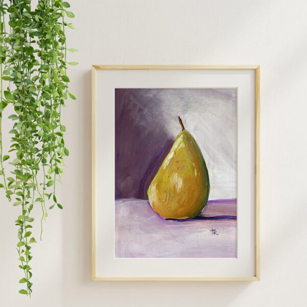 Pear 4 acrylic fruit art print in a maple frame with soft neutral styling and greenery.