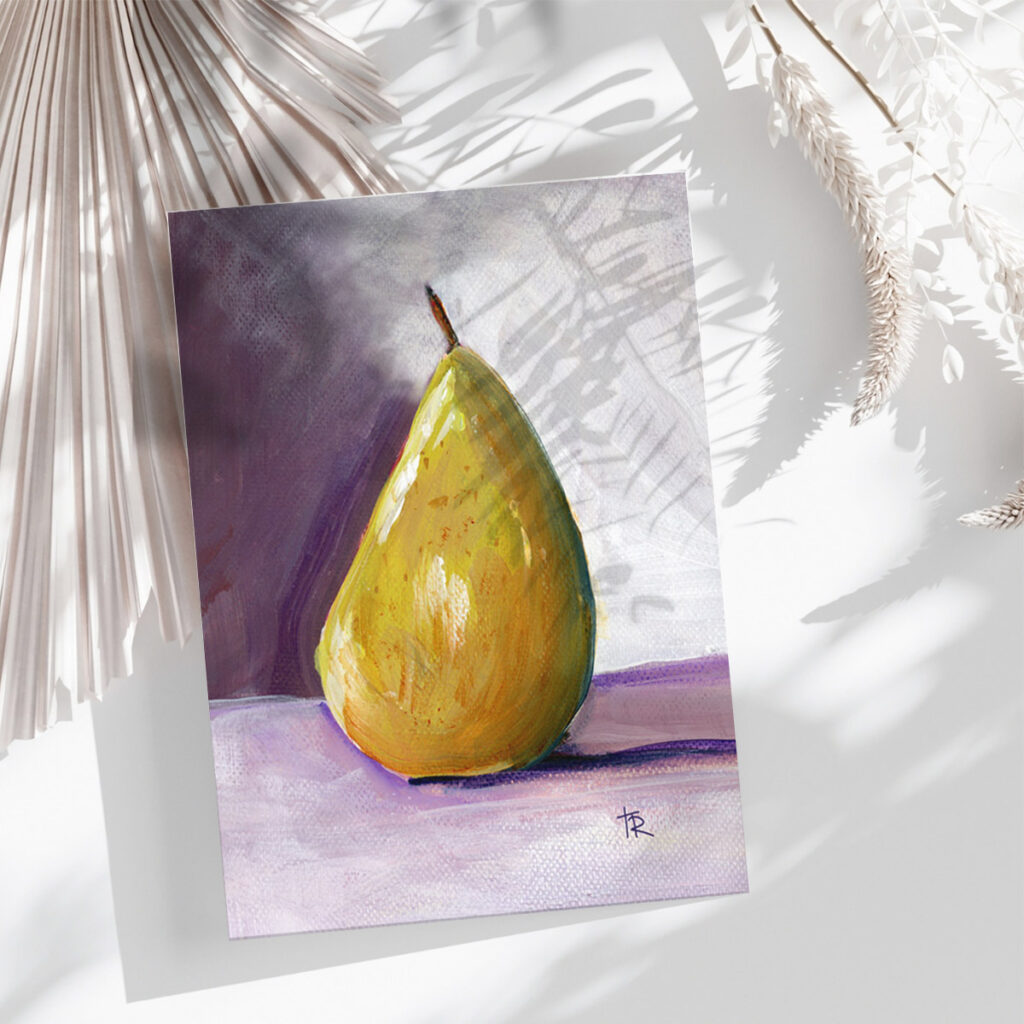 Unframed acrylic fruit art print styled in a wooden bowl with neutral blooms and natural light.