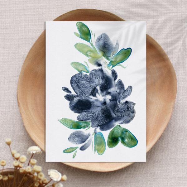 Unframed 8x10, Blue Bloom, watercolor floral art print styled in a wooden bowl with neutral blooms.