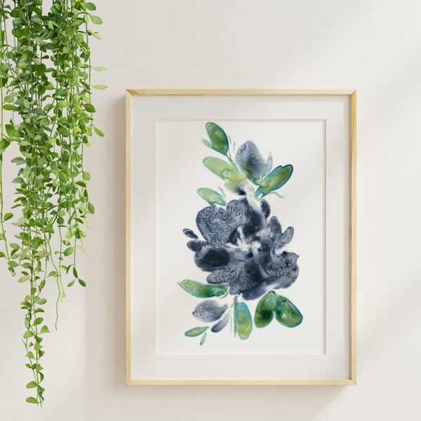 Blue Bloom, a watercolor floral art print in a maple frame with soft neutral styling and greenery.