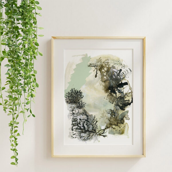 Forest Bramble, watercolor floral art print in a maple frame with soft neutral styling and greenery.