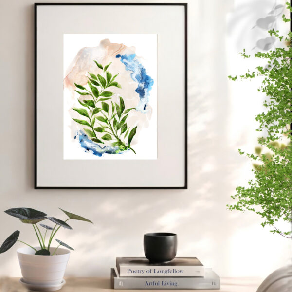 11x14 framed Abstract Green Leaves, watercolor floral art print styled in a bright reading nook with natural light.