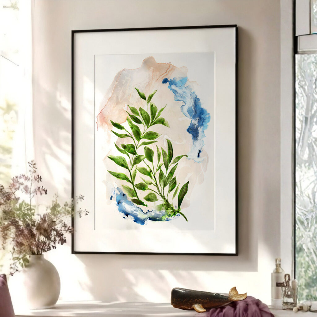 16x20 framed Abstract Green Leaves-watercolor floral art print displayed in a bright sunny living room.
