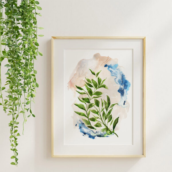 Abstract Green Leaves, watercolor floral art print in a maple frame with soft neutral styling and greenery.