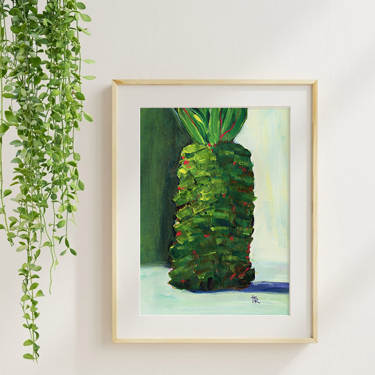 Pineapple 3 acrylic fruit art print in a maple frame with soft neutral styling and greenery.