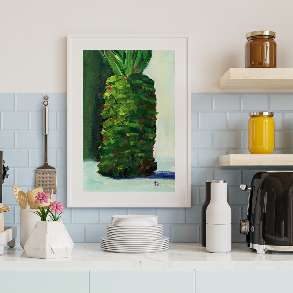 11x14 acrylic fruit art print styled on a kitchen counter with warm, natural home decor.