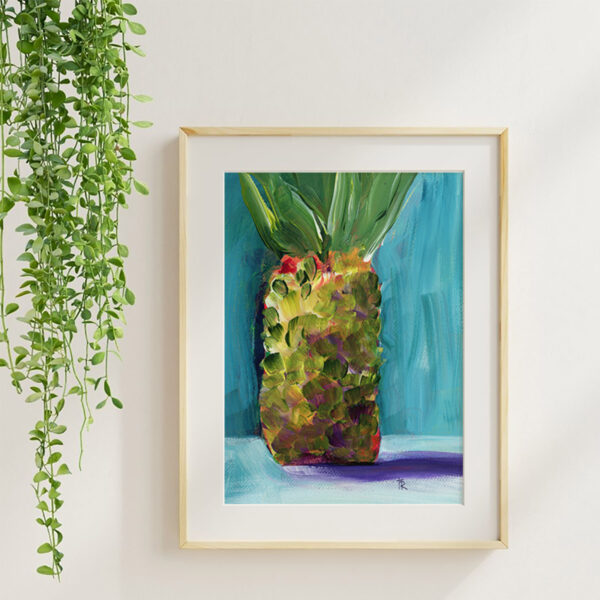 Pineapple 1 acrylic fruit art print in a maple frame with soft neutral styling and greenery.