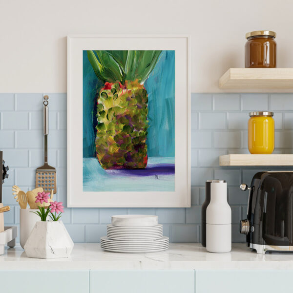 11x14 acrylic fruit art print styled on a kitchen counter with warm, natural home decor.