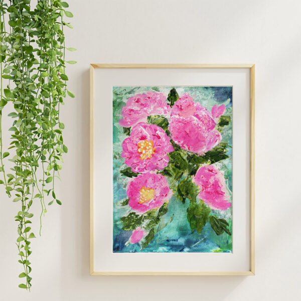 Pink Blooms acrylic floral art print in a maple frame with soft neutral styling and greenery.