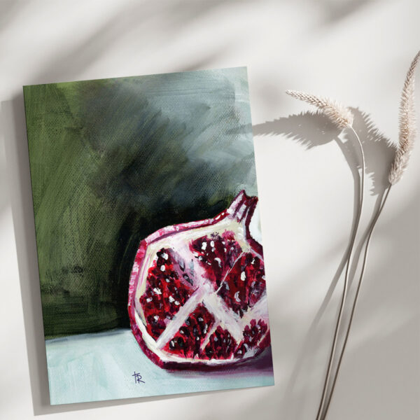 Unframed acrylic fruit art print styled in a wooden bowl with neutral blooms and natural light.