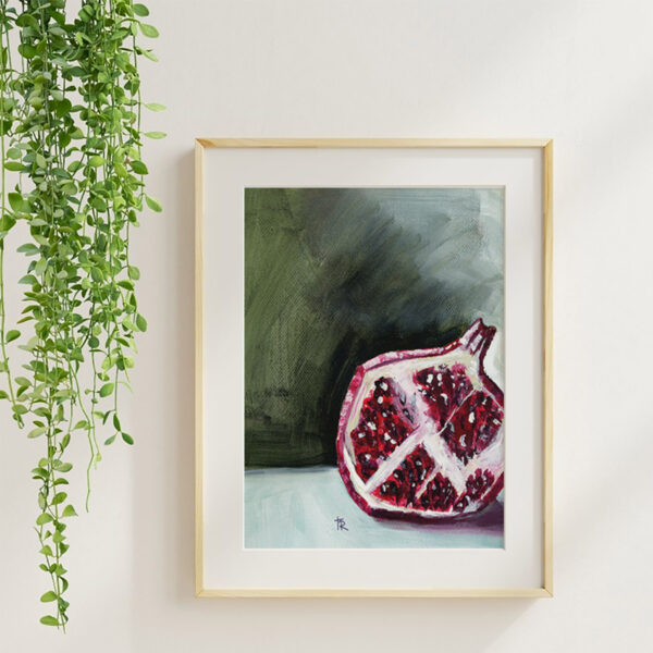 PomPom 2 acrylic fruit art print in a maple frame with soft neutral styling and greenery.