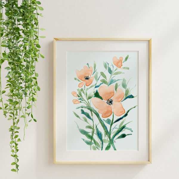 Poppies 1, a watercolor floral art print in a maple frame with soft neutral styling and greenery.