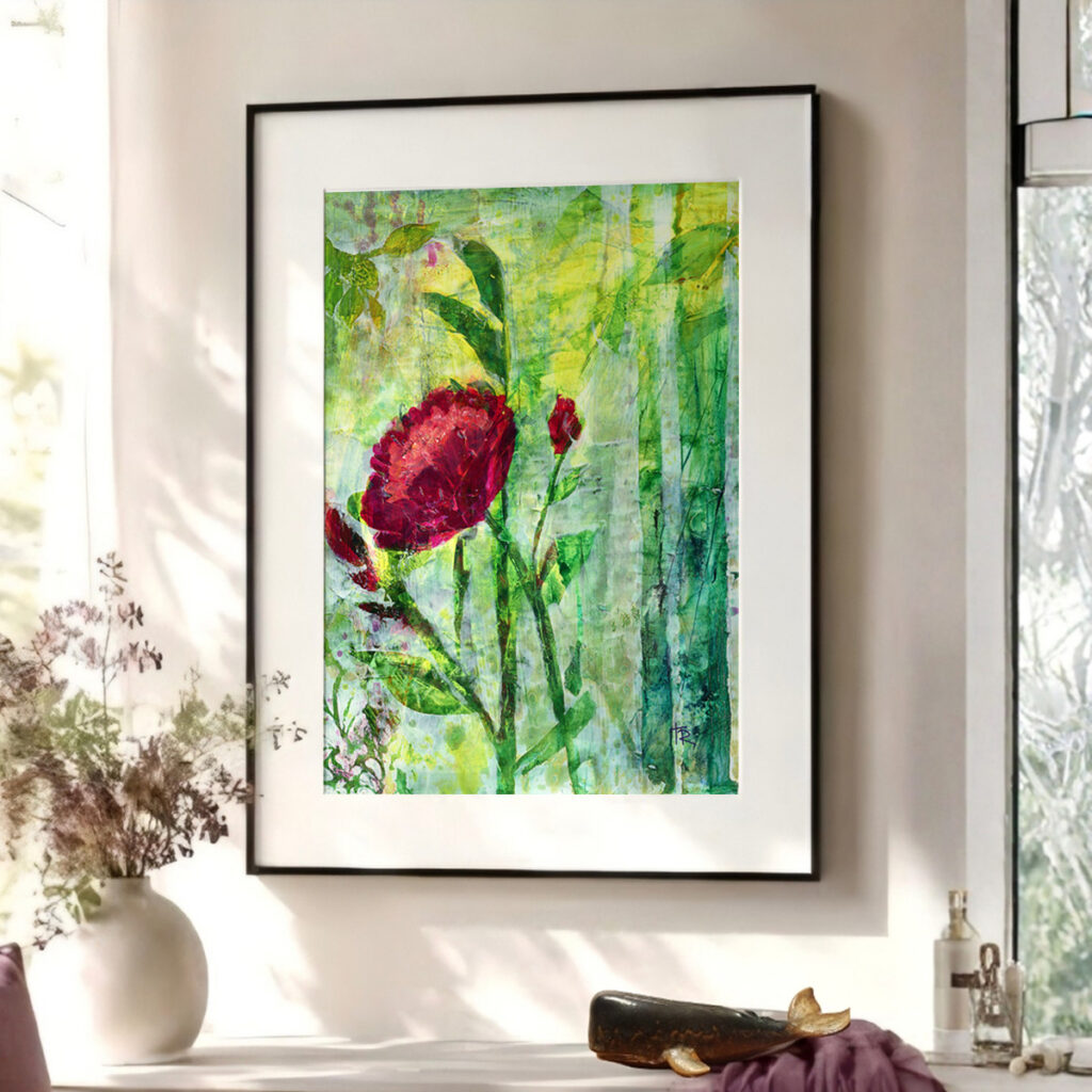 Framed acrylic floral art print displayed in a bright sunny living room with natural light.
