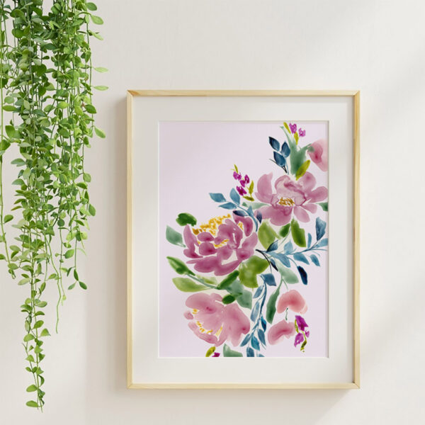 Rose Study 4, watercolor floral art print in a maple frame with soft neutral styling and greenery.