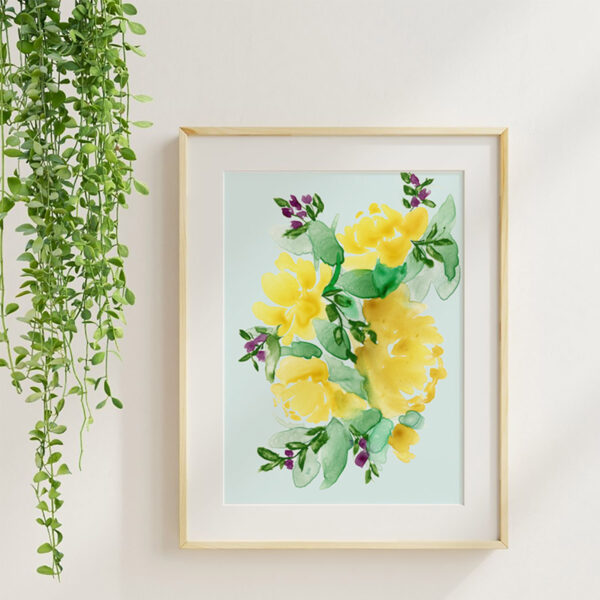 Rose Study 1 watercolor floral art print in a maple frame with soft neutral styling and greenery.