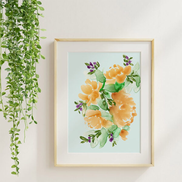 Rose Study 3 watercolor floral art print in a maple frame with soft neutral styling and greenery.