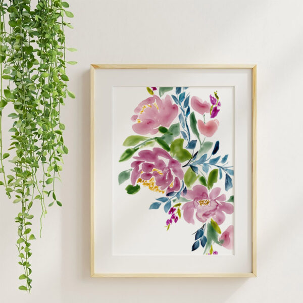 Rose Study 5 watercolor floral art print in a maple frame with soft neutral styling and greenery.