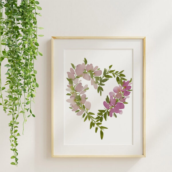 Spring Heart watercolor floral art print in a maple frame with soft neutral styling and greenery.