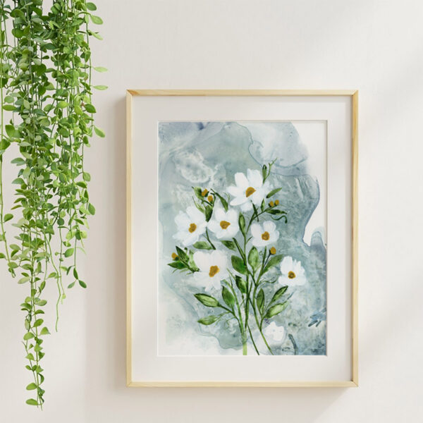 White Cosmos 1- watercolor floral art print in a maple frame with soft neutral styling and greenery.