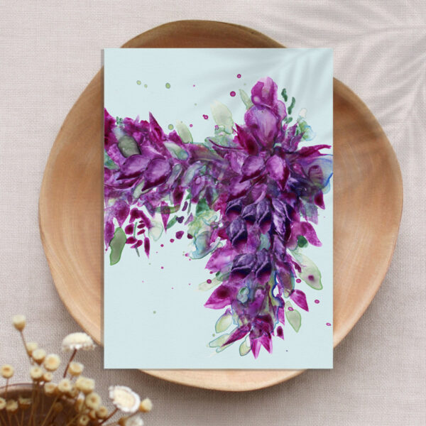Unframed watercolor floral art print styled in a wooden bowl with neutral blooms and natural light.