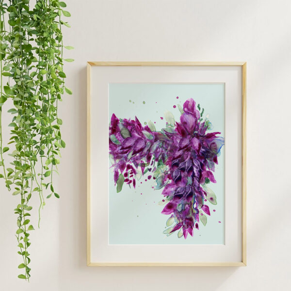 Wisteria watercolor floral art print in a maple frame with soft neutral styling and greenery.