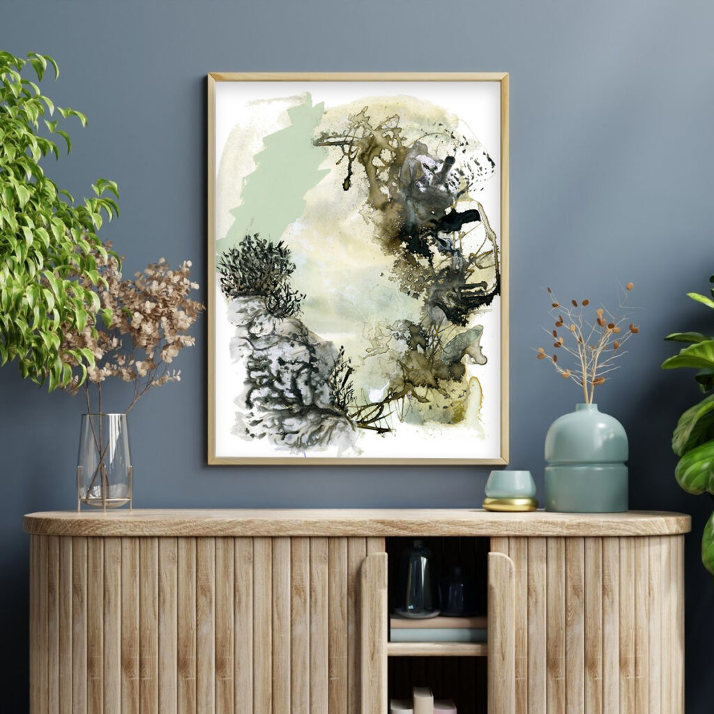 Canvas watercolor floral art print displayed on a simple wall as soft botanical home decor.