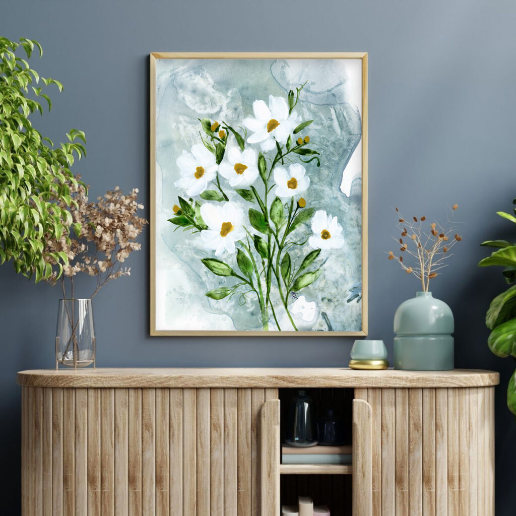 16x20 canvas watercolor floral art print displayed on a simple wall mockup.