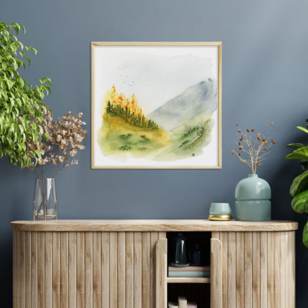 Framed square canvas watercolor print, mountain path art print with soft landscape washes and a peaceful trail scene.