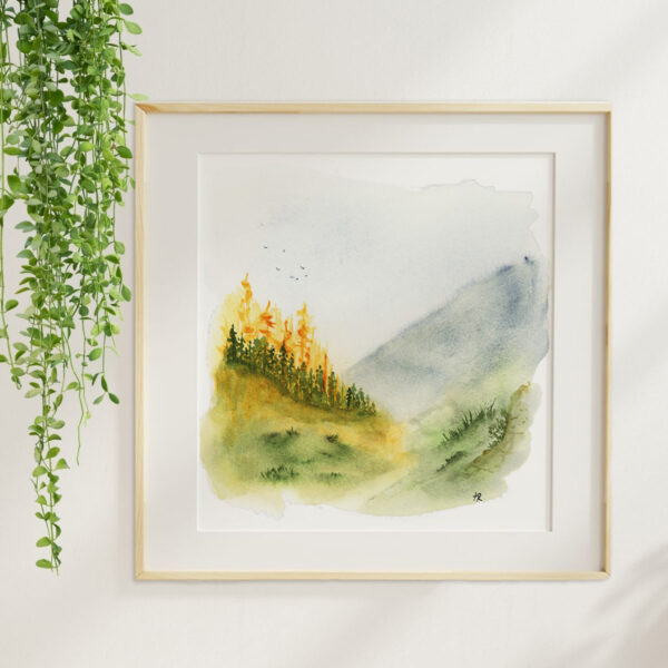 Framed square watercolor mountain path art print with soft landscape washes and a peaceful trail scene.