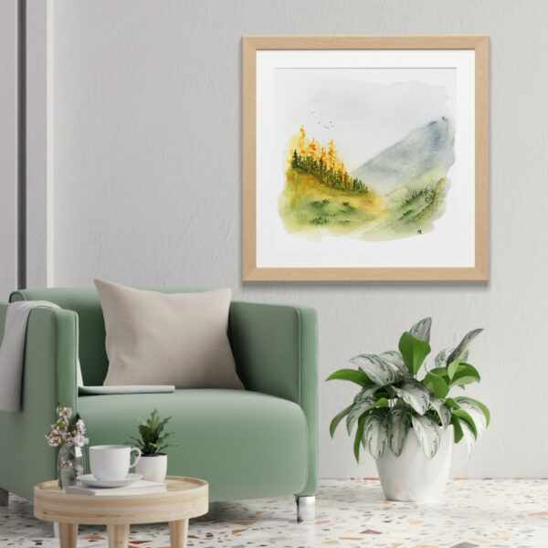 Square Mountain Path watercolor art print displayed in a living room as calm mountain landscape wall art.