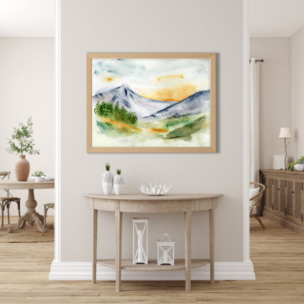 16x20 canvas-style Mountain Sunset watercolor landscape art print displayed in a calm living room setting.