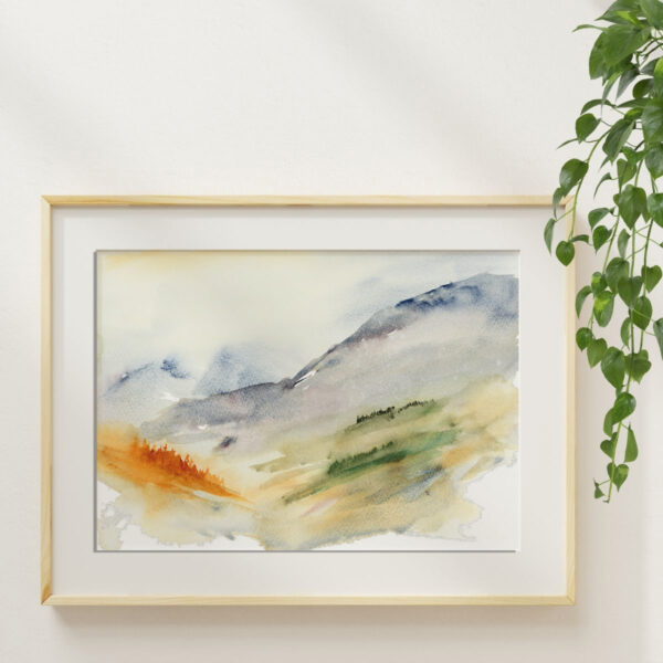 Atmospheric watercolor mountain view art print with soft layered peaks and misty landscape details.