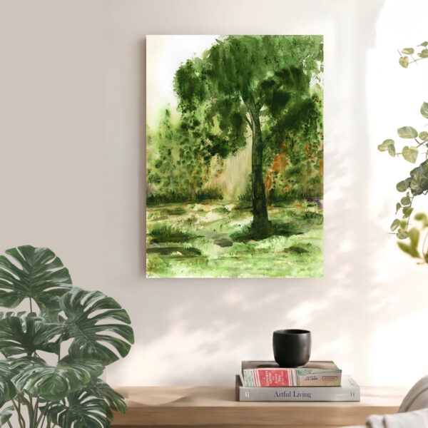 Art Print Under Our Tree, an atmospheric watercolor landscape print by Tara Rochelle Art.