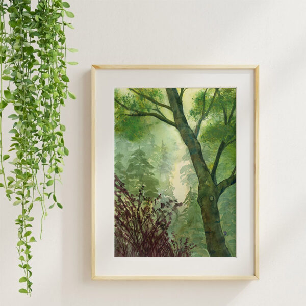 Art print of Forest Canopy, an original atmospheric watercolor landscape.