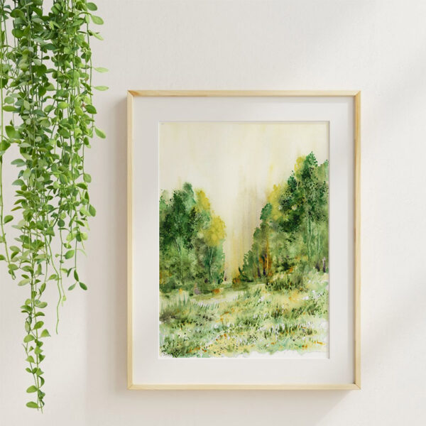 Art Print of Larkspur Meadow, an atmospheric watercolor landscape by Tara Rochelle.