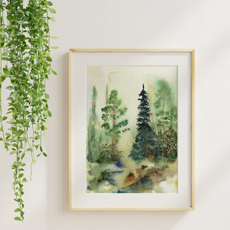 Shevlin Park Walk watercolor forest art print with luminous background washes and expressive trees.