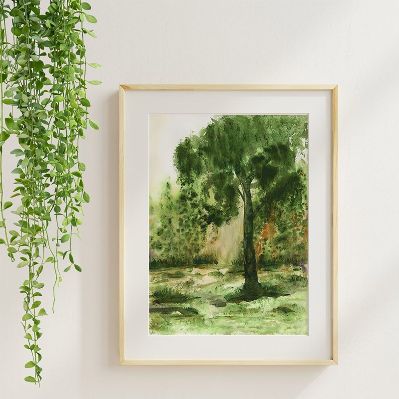Close-up of Art Print Under Our Tree, an atmospheric watercolor landscape print with soft color and expressive movement.
