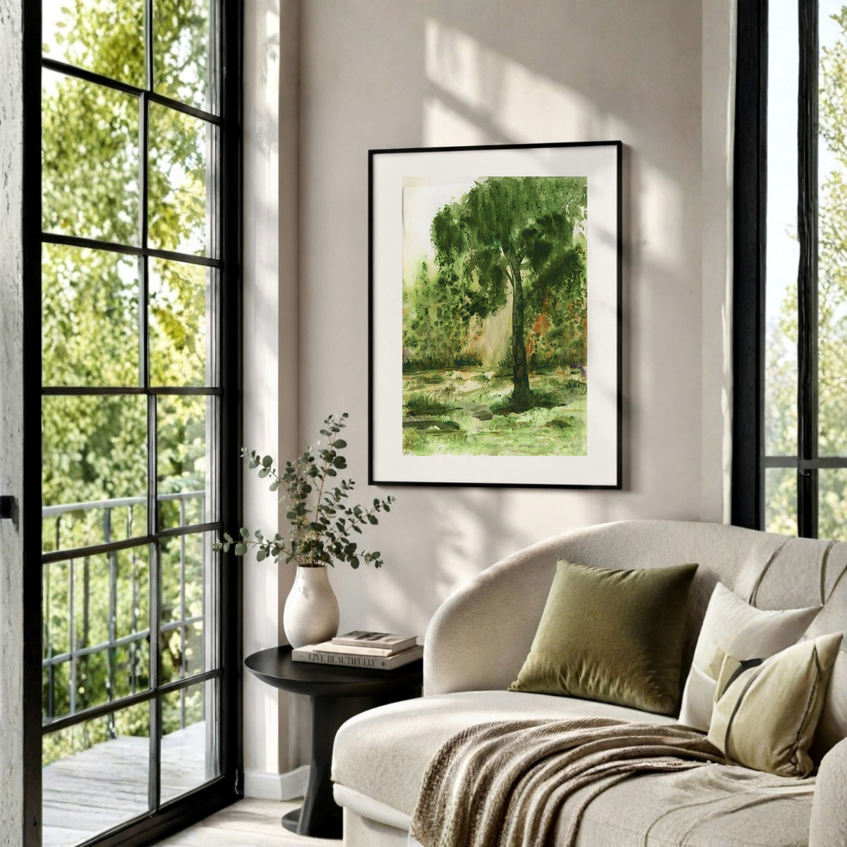 Art Print Under Our Tree displayed in a styled room, featuring an atmospheric watercolor landscape by Tara Rochelle Art.