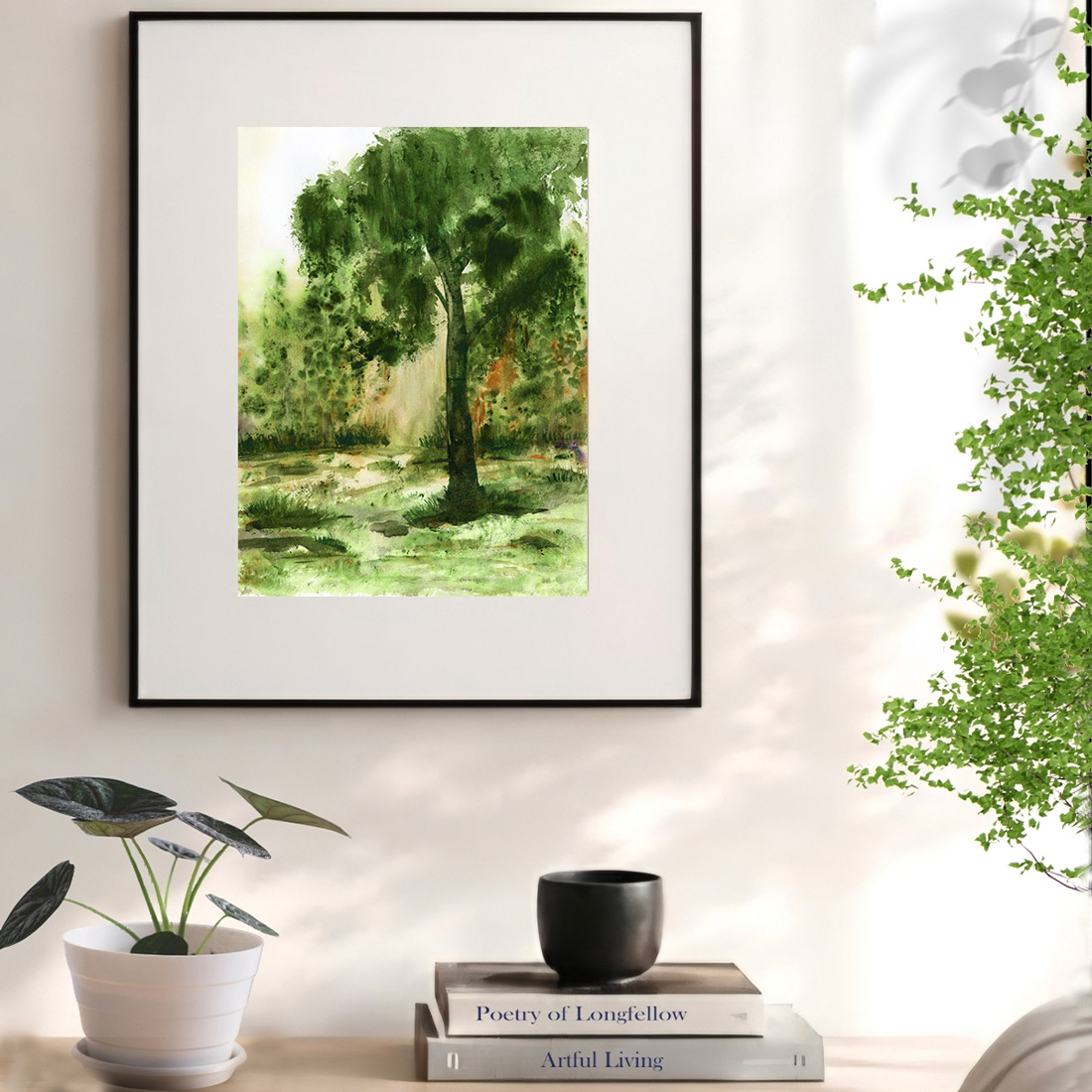 Art Print Under Our Tree displayed in a styled room, featuring an atmospheric watercolor landscape by Tara Rochelle Art.