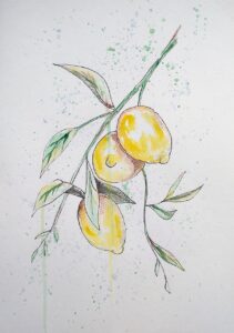 Watercolor newsletter tutorial of yellow and green watercolor lemons.